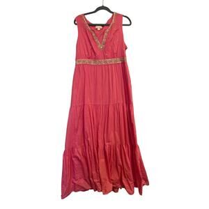 Monsoon boho resort embroidered pink and gold maxi cotton dress womens size 12
